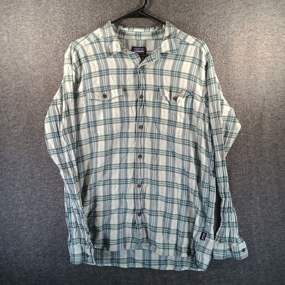 Patagonia Other - Patagonia Long‎ Sleeved Flannel Men L Plaid Organic Cotton Greens And Blues
